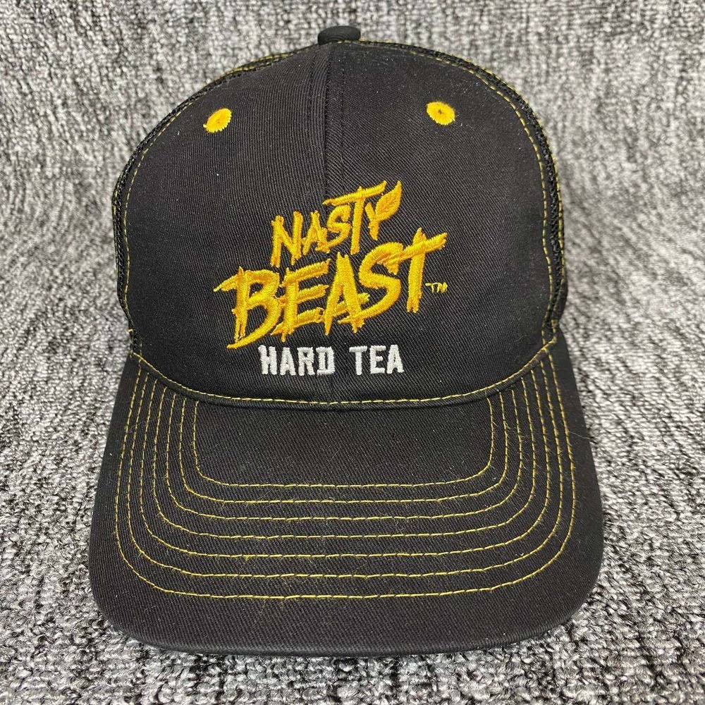 Nasty Beast Hard Tea Trucker Hat Mens OSFA Black Yellow Logo Mesh Snapback Cap - Picture 1 of 8